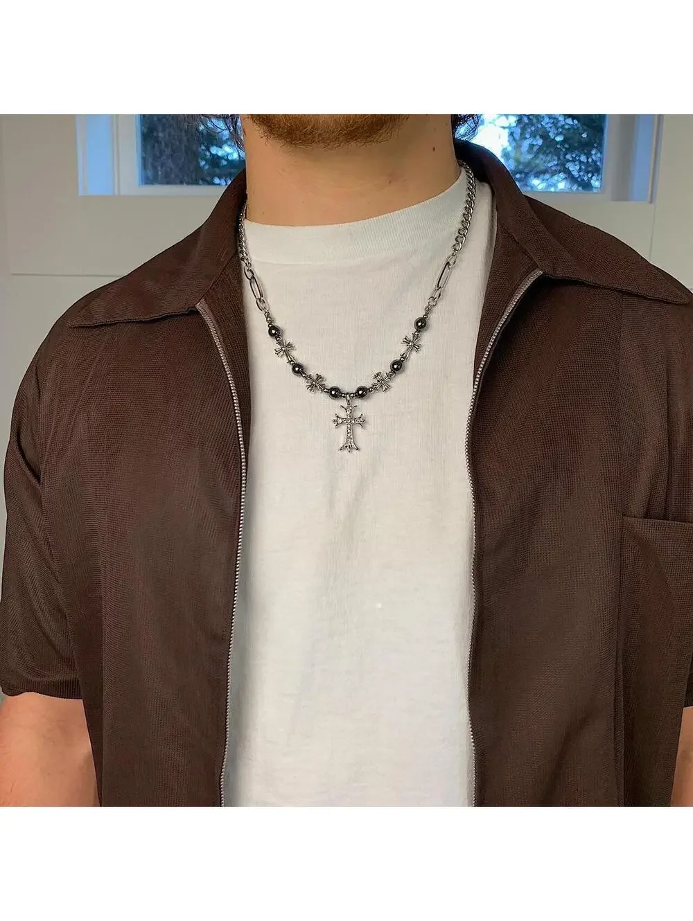 y2k 2000s style grunge chrome pearl rhinestone silver cross pendant Cuban link